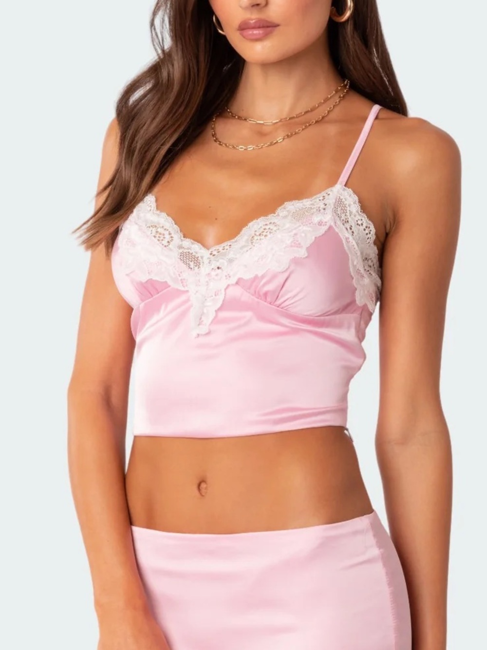 Edikted | Brandi Lace Trim Satin Top | Pink